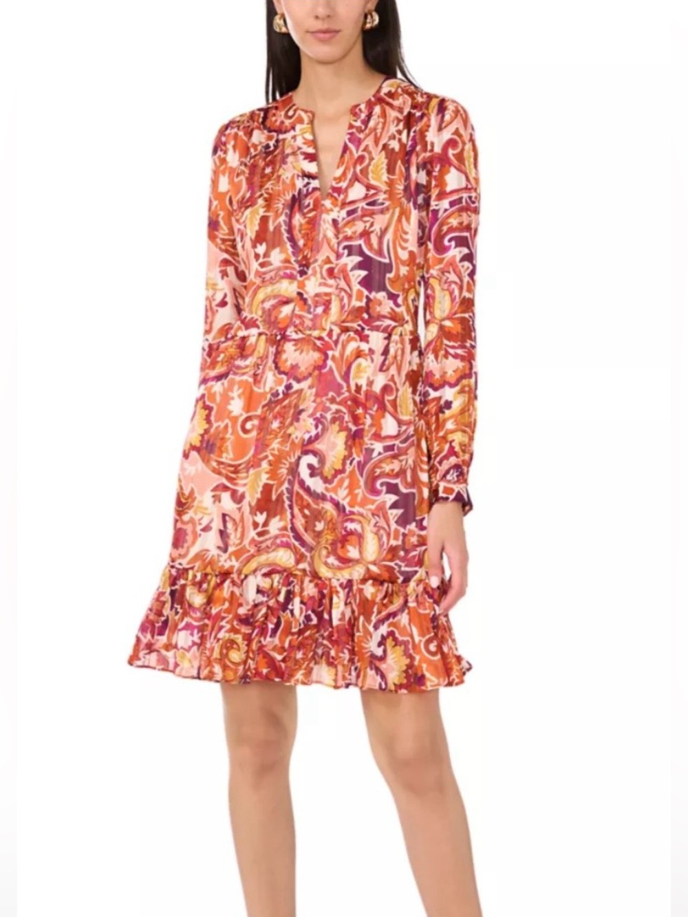 1 State vibrant Orange/Purple Paisley Floral Long Sleeve Ruffle Hem Midi Dress M